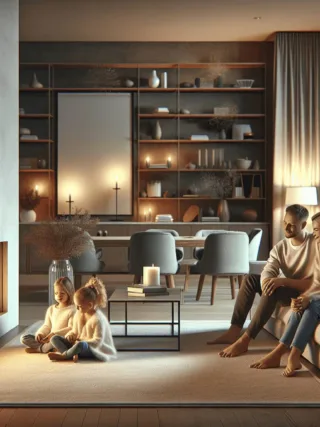 A modern gas fireplace radiates a warm glow in a cozy, contemporary living room filled with comfortable seating and stylish accessories. A family, comprising a mother, father, and two children, relaxes together, embodying a serene and comforting home environment. The soft lighting enhances the inviting atmosphere, highlighting their content expressions.