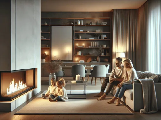 A modern gas fireplace radiates a warm glow in a cozy, contemporary living room filled with comfortable seating and stylish accessories. A family, comprising a mother, father, and two children, relaxes together, embodying a serene and comforting home environment. The soft lighting enhances the inviting atmosphere, highlighting their content expressions.