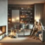 A modern gas fireplace radiates a warm glow in a cozy, contemporary living room filled with comfortable seating and stylish accessories. A family, comprising a mother, father, and two children, relaxes together, embodying a serene and comforting home environment. The soft lighting enhances the inviting atmosphere, highlighting their content expressions.