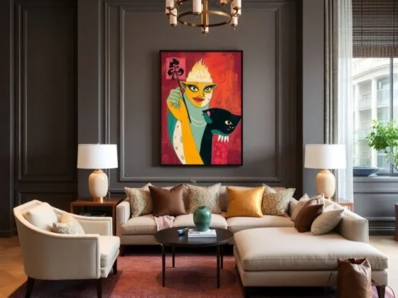 A vibrant piece of art brings personality to this stylish living room.