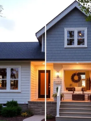 DIY home upgrades - Two-story house with light gray siding and a covered front porch, featuring a wreath and wicker furniture.