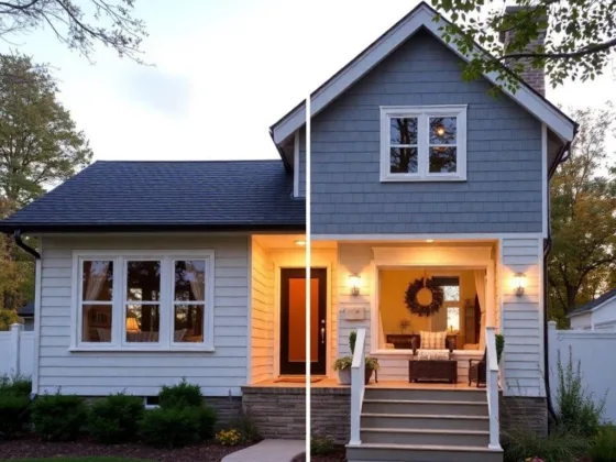 DIY home upgrades - Two-story house with light gray siding and a covered front porch, featuring a wreath and wicker furniture.