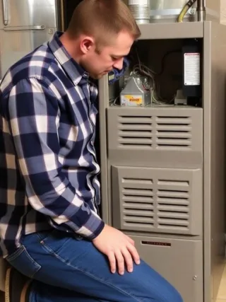 A handyman checks the furnace.