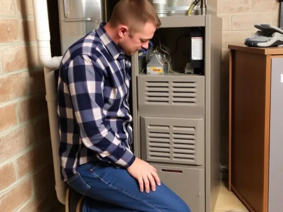 A handyman checks the furnace.