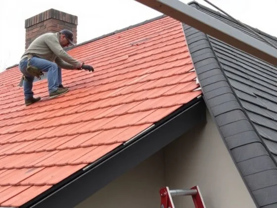 A skilled roofer works carefully on the terracotta roof.