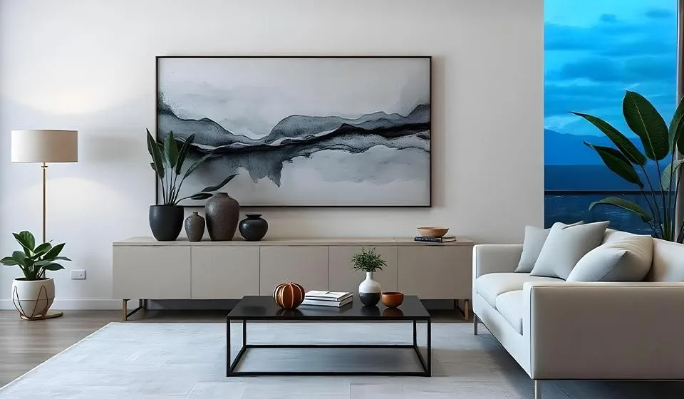 Stylish console table and artwork create a relaxing space.