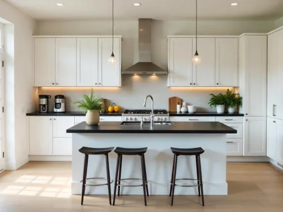 A kitchen with white cabinets, stainless steel appliances, a black countertop, and three black bar stools in a house