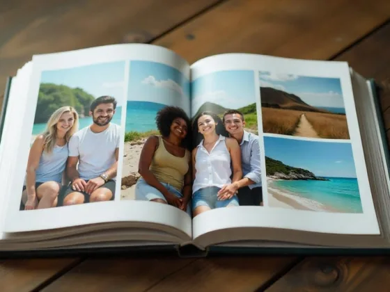 An artistic photo book on a rustic table.