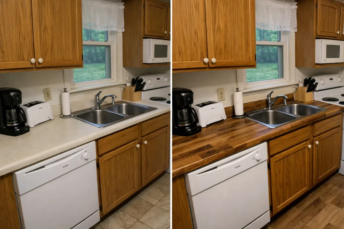 DIY Faux Butcher Block Countertops: Cost, Durability & Long-Term Reality 1 Before and after comparison of laminate countertop replaced with faux butcher block