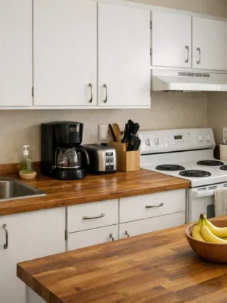 Modest kitchen with wood-look faux butcher block countertop