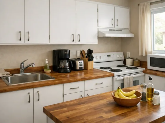 Modest kitchen with wood-look faux butcher block countertop