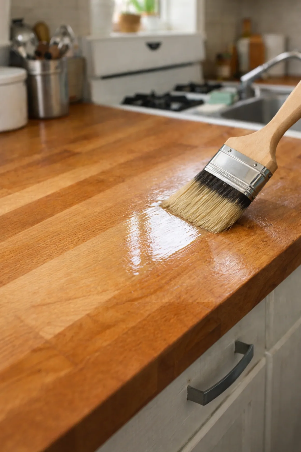 DIY Faux Butcher Block Countertops: Cost, Durability & Long-Term Reality 3 Applying clear polyurethane to protect wood countertop surface
