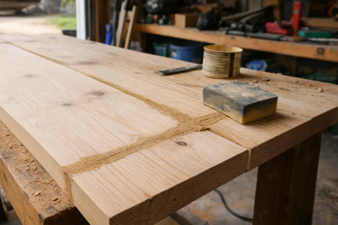 DIY Faux Butcher Block Countertops: Cost, Durability & Long-Term Reality 2 Wooden planks sanded smooth after seam filling on DIY countertop