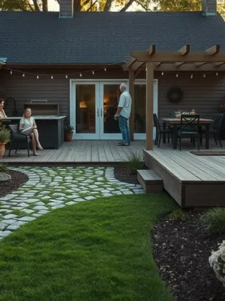 Backyard with a cobblestone pathway leading to a wooden deck patio, outdoor kitchen, barbecue grill, family gathering, sunny summer evening.