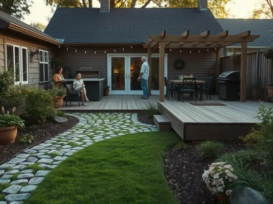 Backyard with a cobblestone pathway leading to a wooden deck patio, outdoor kitchen, barbecue grill, family gathering, sunny summer evening.