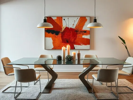 A modern dining room showcasing a bold abstract painting on the wall