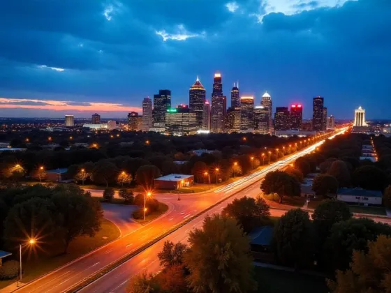 A drone captures downtown Fort Worth at twilight in the fall, viewed from the south, with the city lights just beginning to twinkle against the deep blue sky and the trees showing autumn colors.