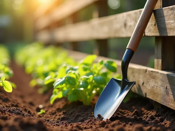 A brand-new, gleaming gardening shovel leaning against a wooden fence on a bright summer day, with freshly tilled soil and rows of vegetable seedlings.
