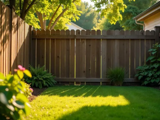 A backyard with a wooden fence
