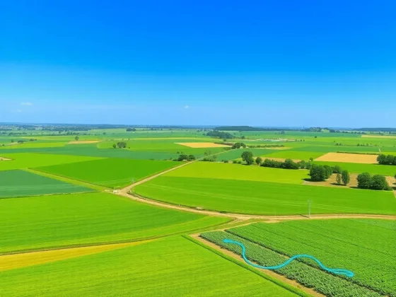 Lush green farmland with healthy crops and irrigation systems under a clear blue sky, depicting agricultural growth and land value trends.
