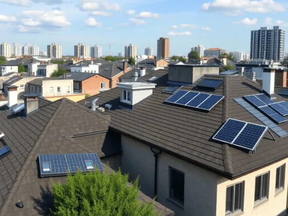 Rooftops in a modern city with solar panels and eco-friendly roofing repairs underway under a clear sky.