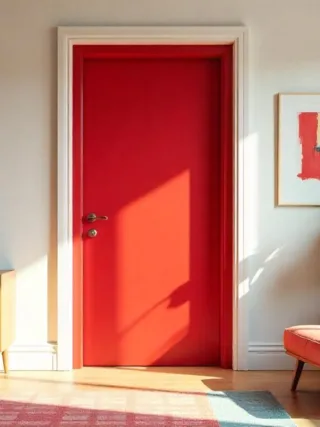 Modern interior door with a high-gloss red lacquer finish in a vibrant, eclectic living room during a summer afternoon, colorful artwork on the walls, patterned rug, natural light enhancing the door's bold color, showcasing elegance and durability.