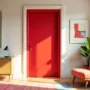 Modern interior door with a high-gloss red lacquer finish in a vibrant, eclectic living room during a summer afternoon, colorful artwork on the walls, patterned rug, natural light enhancing the door's bold color, showcasing elegance and durability.
