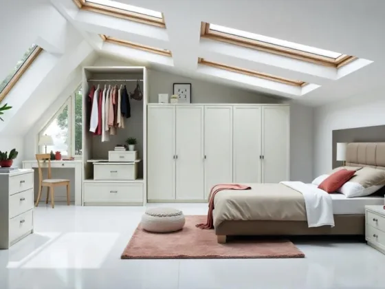 A bedroom with a bed, a bespoke fitted wardrobe, a vanity, and a rug, the room has a slanted ceiling with skylights, the walls are white