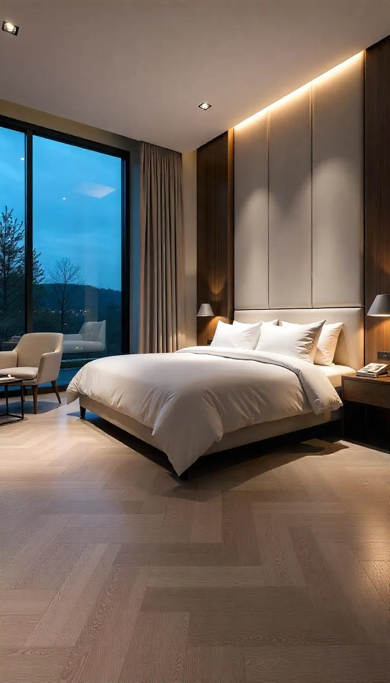 Bright modern bedroom with newly installed ceramic and porcelain tile flooring featuring a wood-look tile pattern and dark brown grout.