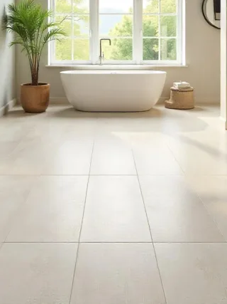 Bright modern room with newly installed ceramic and porcelain tile flooring featuring varied patterns and grout colors.