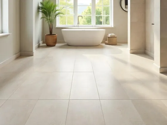 Bright modern room with newly installed ceramic and porcelain tile flooring featuring varied patterns and grout colors.