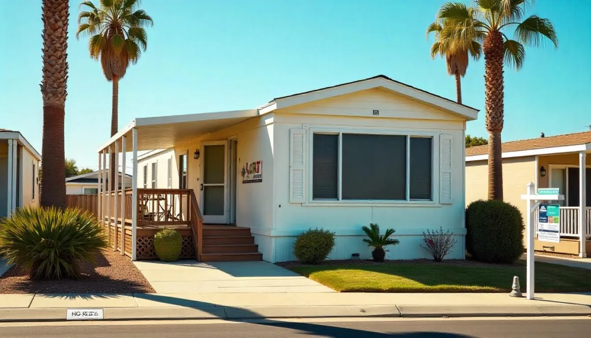 Cozy mobile home with a For Sale sign, palm trees, and clear blue skies in a sunny California setting.