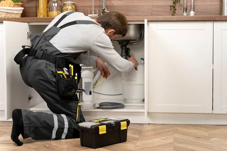 A professional plumber kneeling under a kitchen sink while fixing a pipe, with a tool belt and open toolbox nearby