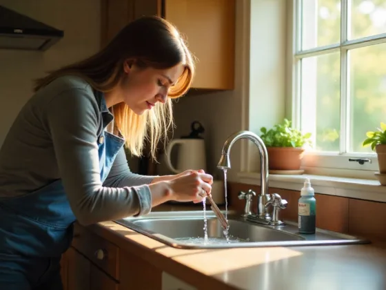 A young woman looks concerned while checking a slow-draining kitchen sink in a sunlit home in Hoppers Crossing