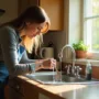 A young woman looks concerned while checking a slow-draining kitchen sink in a sunlit home in Hoppers Crossing