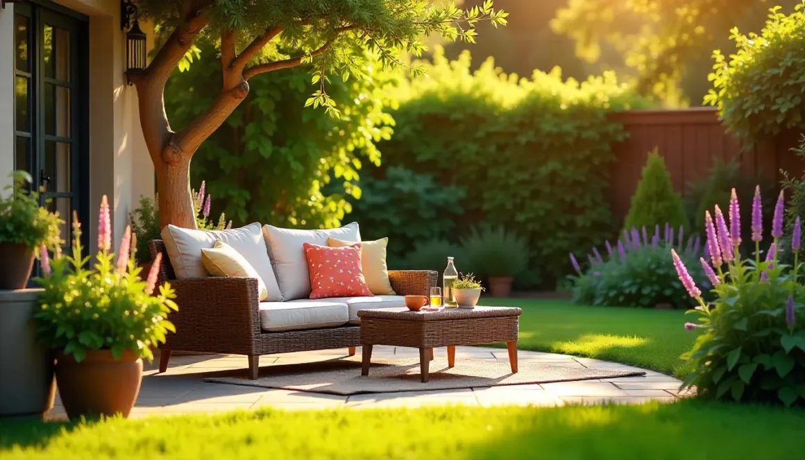 Backyard patio with citronella and lavender plants, mosquito trap in background, and family enjoying a pest-free summer afternoon.