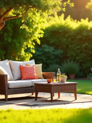 Backyard patio with citronella and lavender plants, mosquito trap in background, and family enjoying a pest-free summer afternoon.