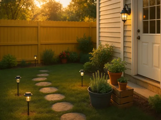 Small backyard makeover—solar path lights, new fence paint, herb pots by the kitchen door, and a curved stepping-stone path.