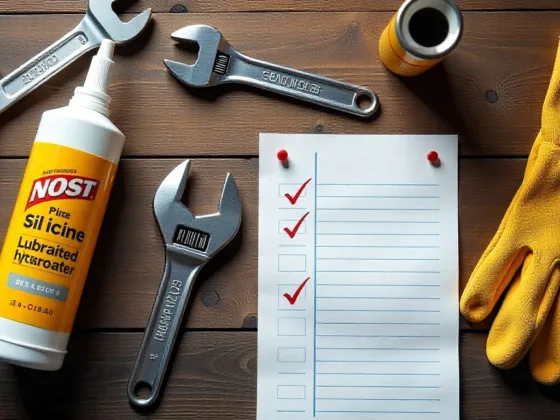 Flat lay of DIY garage maintenance tools silicone lubricant, wrench, safety gloves, and a checklist, on a wood background with lighting from the side.