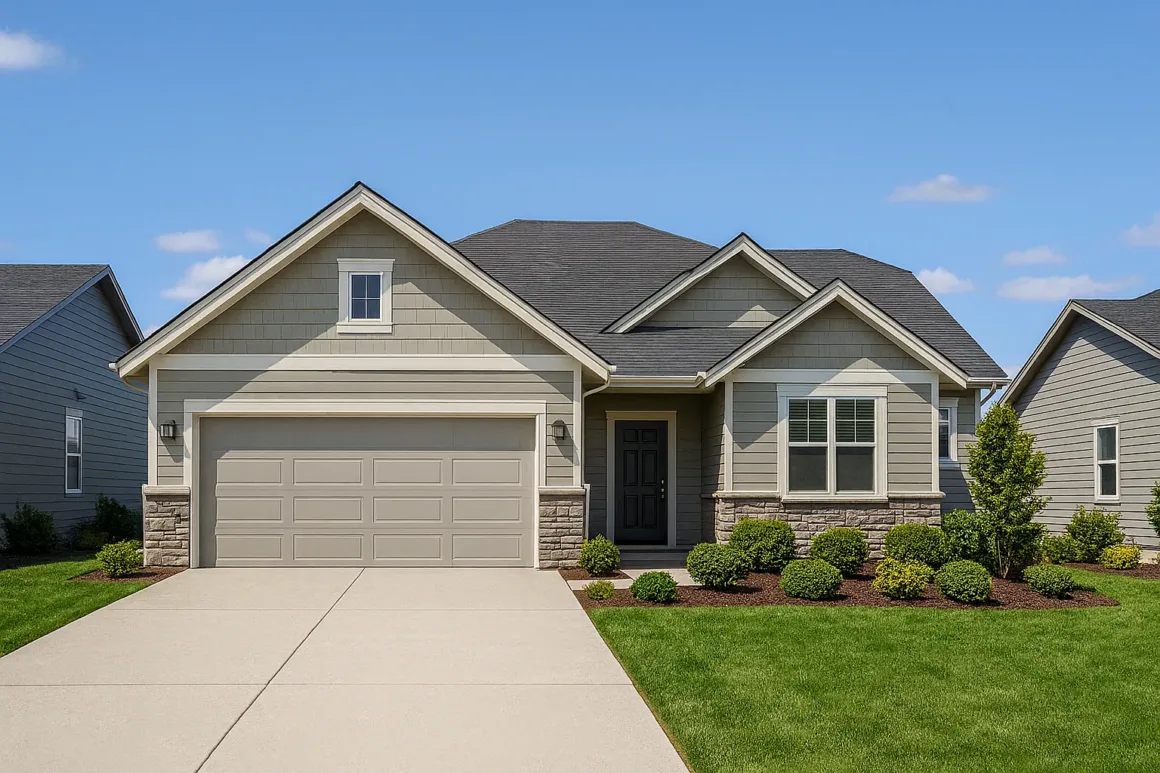 Modern single-story suburban home with a freshly poured smooth concrete driveway leading to a two-car garage, surrounded by manicured lawn and shrubs under a clear blue sky.