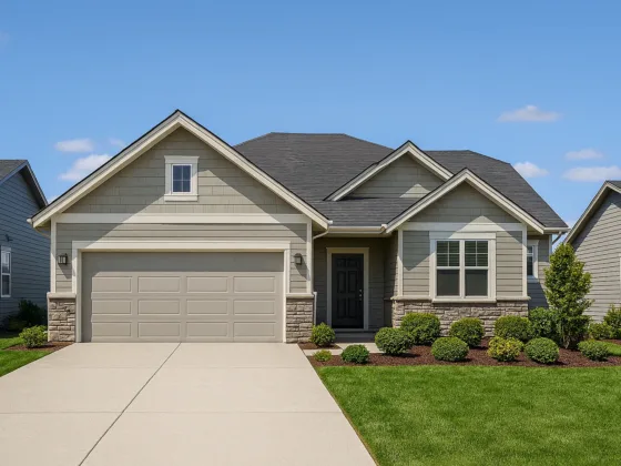 Modern single-story suburban home with a freshly poured smooth concrete driveway leading to a two-car garage, surrounded by manicured lawn and shrubs under a clear blue sky.