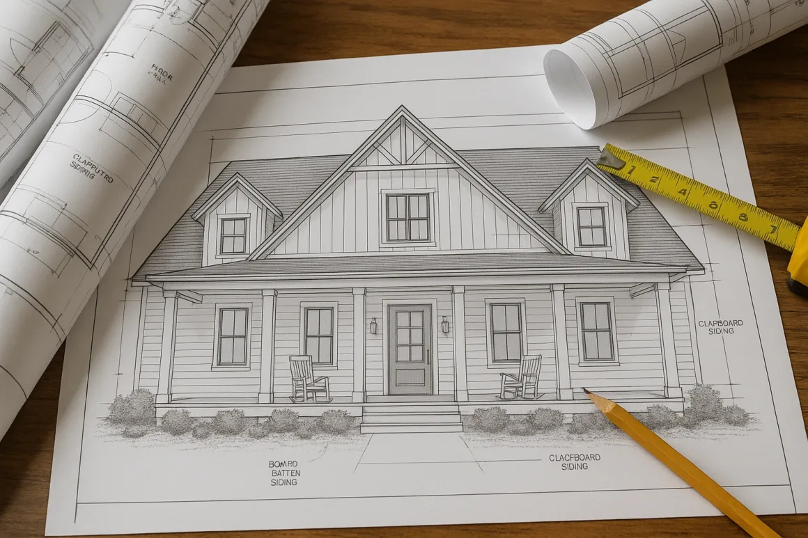 Architectural blueprint drawing of a farmhouse exterior with board-and-batten siding, shown with measuring tape and construction tools.