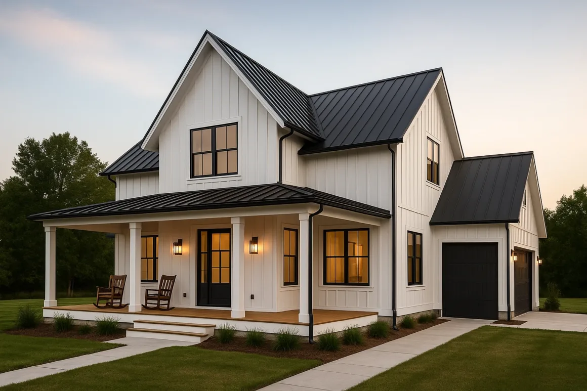 Modern farmhouse exterior with white board-and-batten siding, black trim windows, wraparound porch with rocking chairs, and landscaped front yard.
