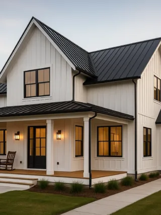 Modern farmhouse exterior with white board-and-batten siding, black trim windows, wraparound porch with rocking chairs, and landscaped front yard.