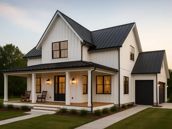 Modern farmhouse exterior with white board-and-batten siding, black trim windows, wraparound porch with rocking chairs, and landscaped front yard.
