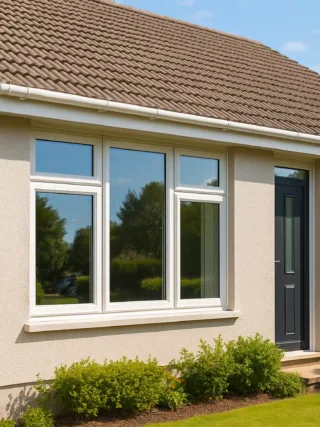Modern suburban home with large double-glazed energy-efficient windows, white frames, and landscaped front garden under bright daylight.