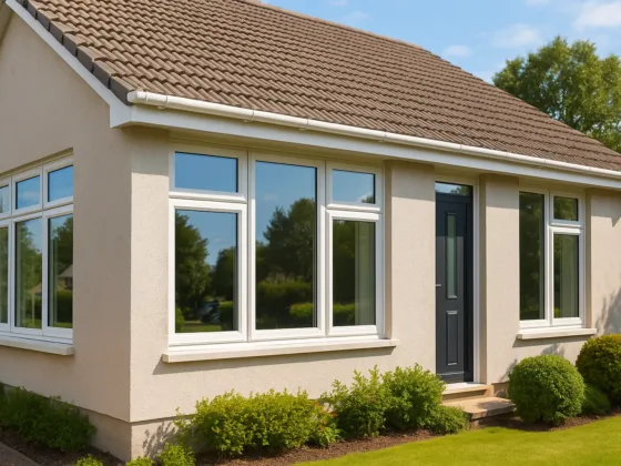Modern suburban home with large double-glazed energy-efficient windows, white frames, and landscaped front garden under bright daylight.