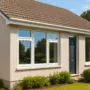 Modern suburban home with large double-glazed energy-efficient windows, white frames, and landscaped front garden under bright daylight.