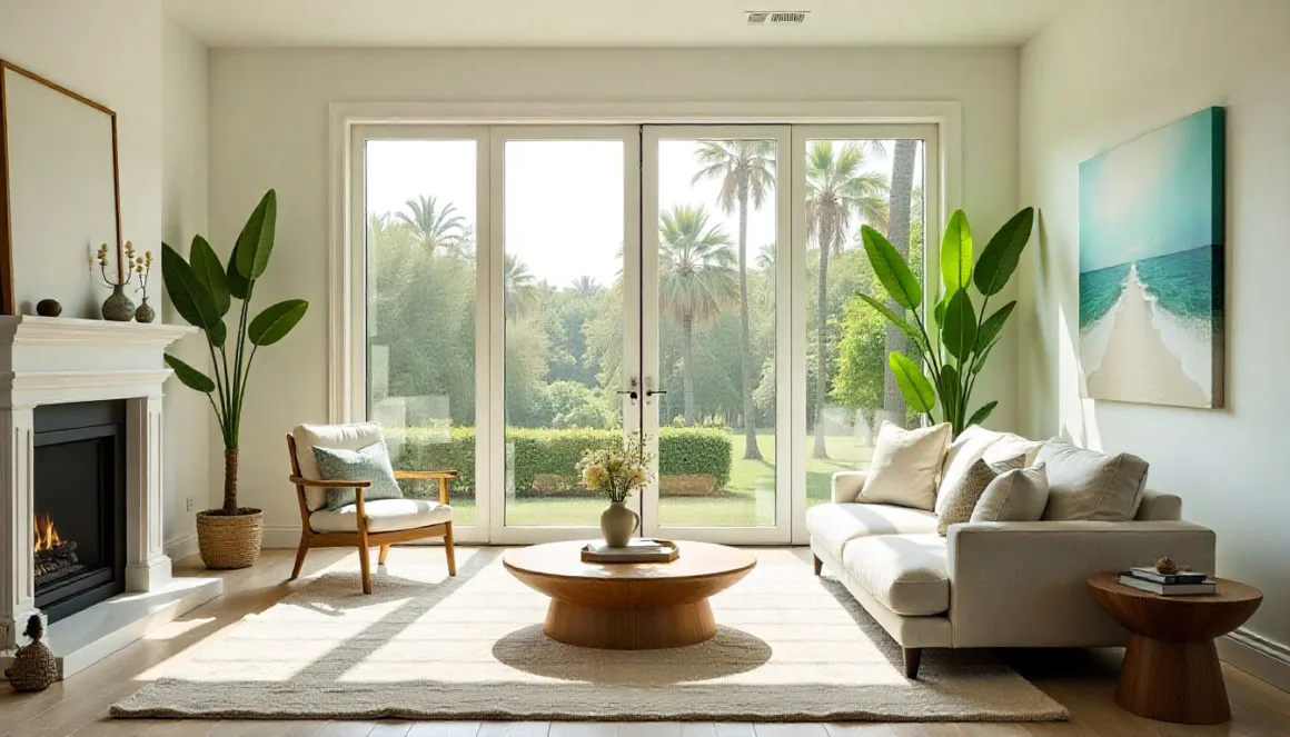 Modern Florida living room with sun-filtering window film installed on large windows, reducing glare and heat.