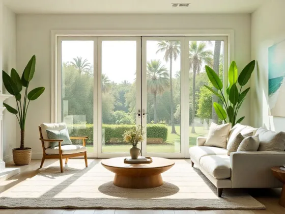 Modern Florida living room with sun-filtering window film installed on large windows, reducing glare and heat.